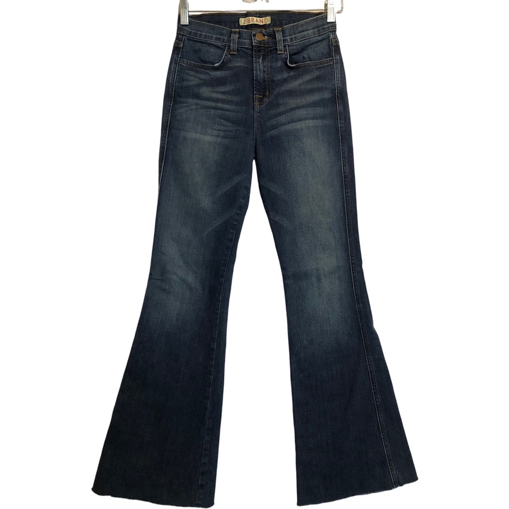J Brand Lotus High Rise Flare Raw Hem Stretch Denim Blue Jeans 25
